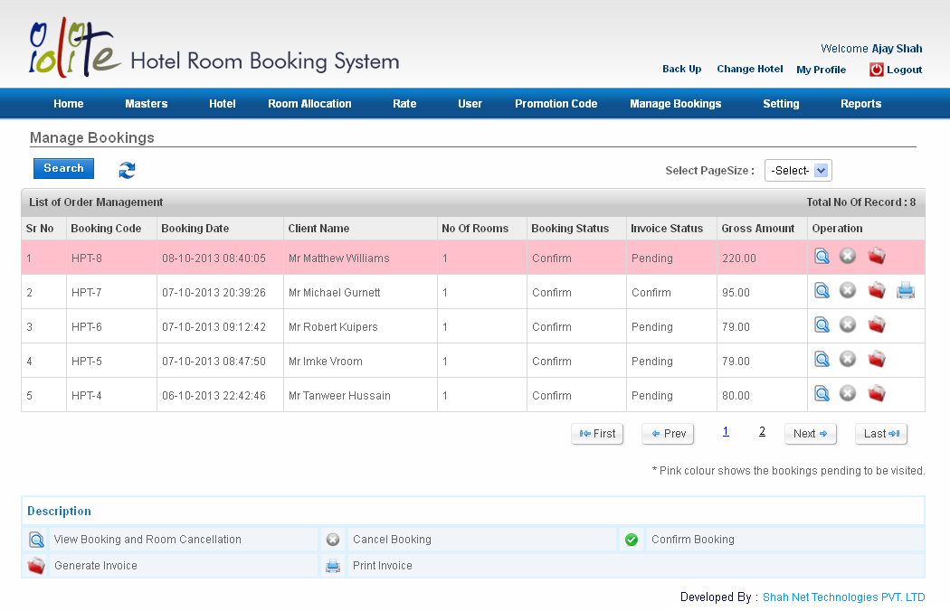 Online Hotel Room Booking System Manage Bookings
