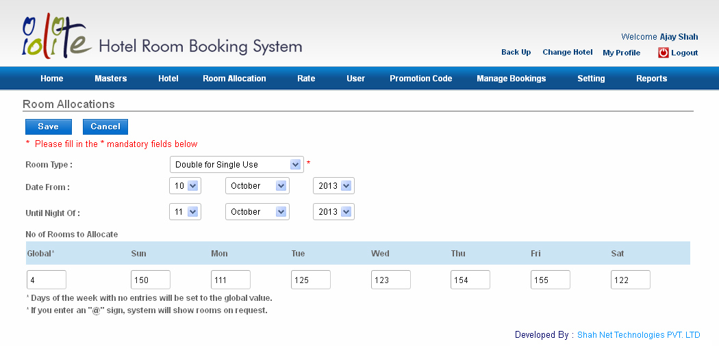 Online Hotel Reservation System Room Allocations Day Wise