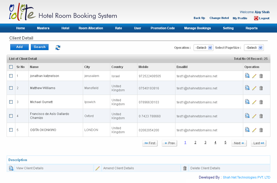 Hotel booking System Software User Client Detail