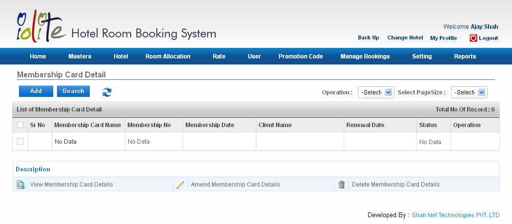 Hotel Room Booking ERP System Membership Card Detail